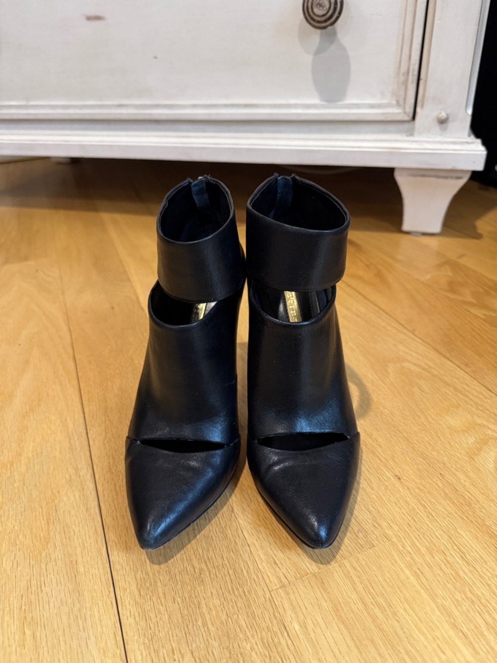 BCBGeneration Caroly Black Pointed Cutout Ankle Strap Heeled Booties